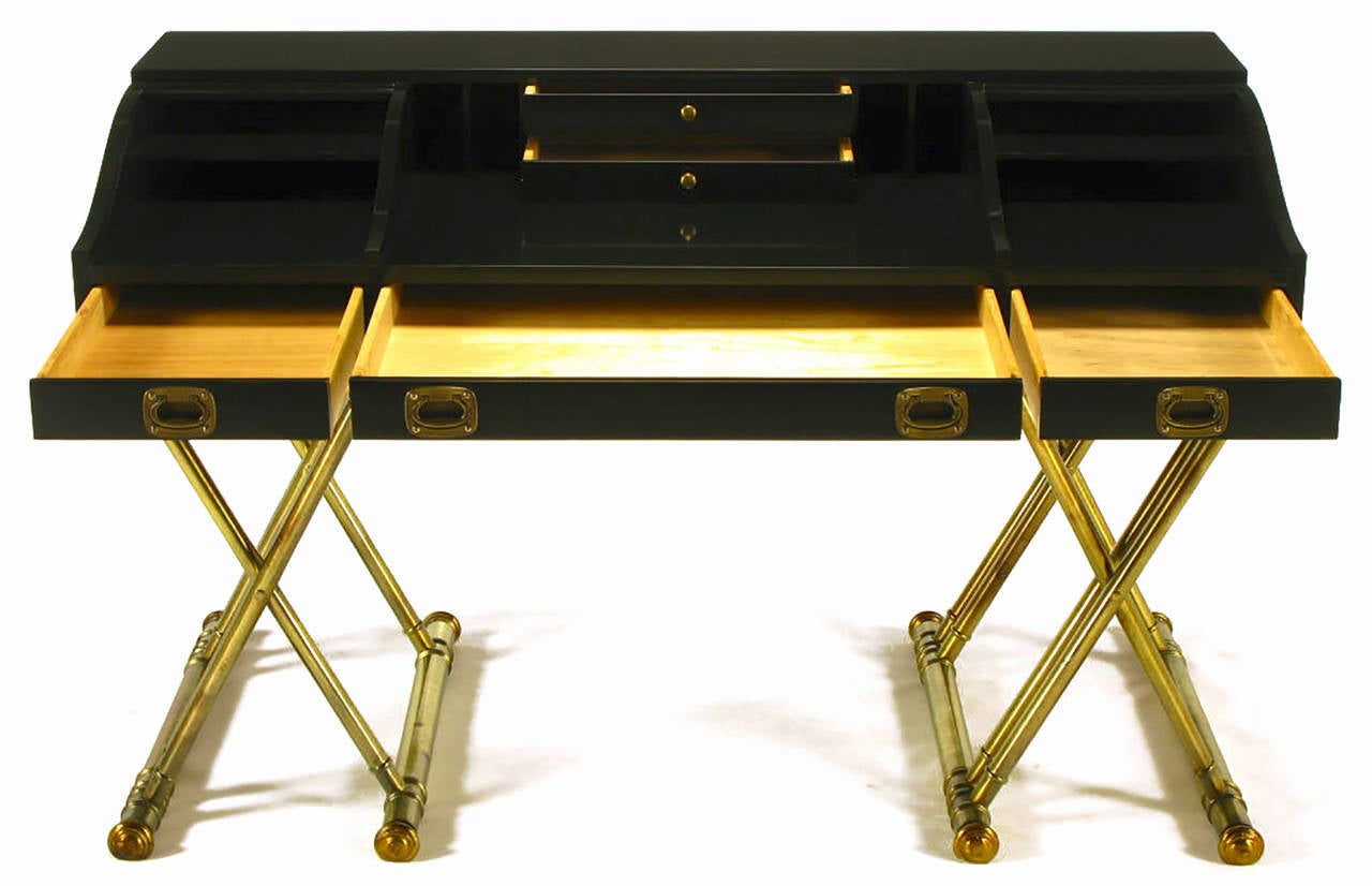 American Black Lacquer Campaign Desk with Gilt X-Form Bases