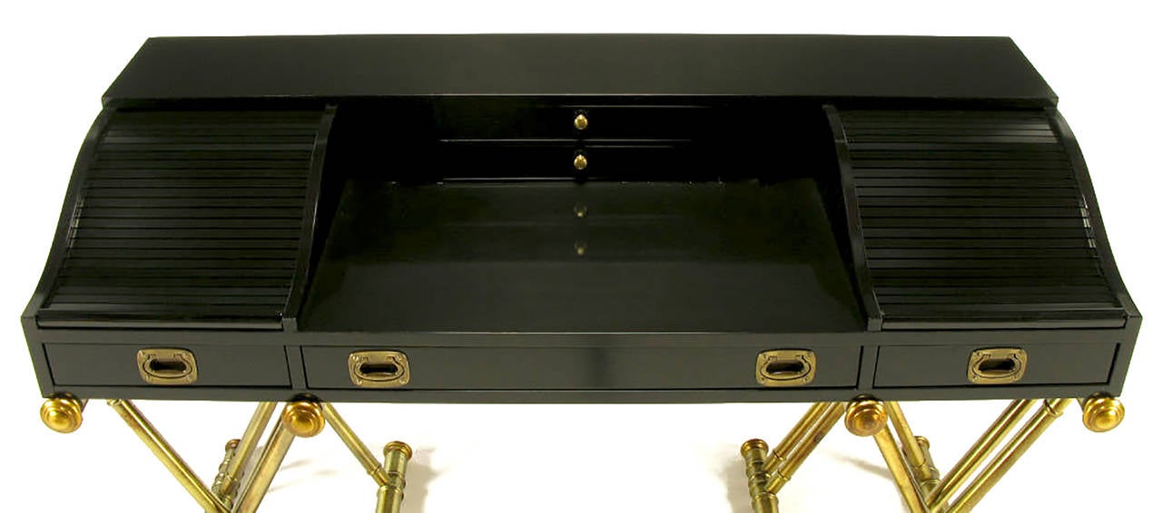 Black Lacquer Campaign Desk with Gilt X-Form Bases In Excellent Condition In Chicago, IL
