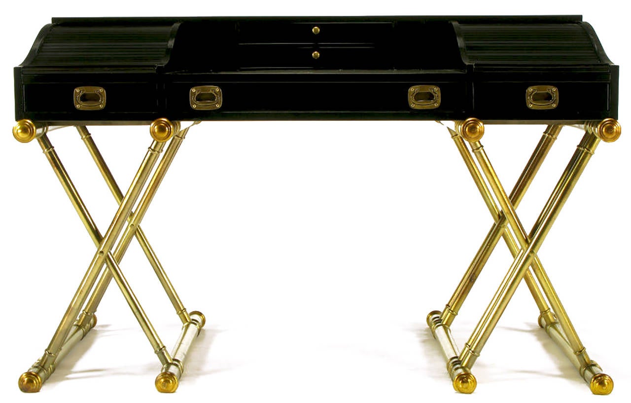 Mid-20th Century Black Lacquer Campaign Desk with Gilt X-Form Bases