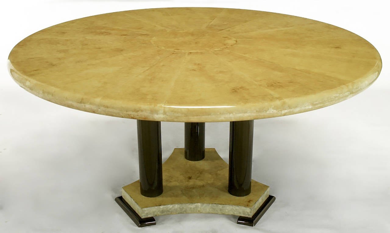 American Empire Dining Table with Sunburst Goatskin Top and Chocolate Lacquer Base For Sale