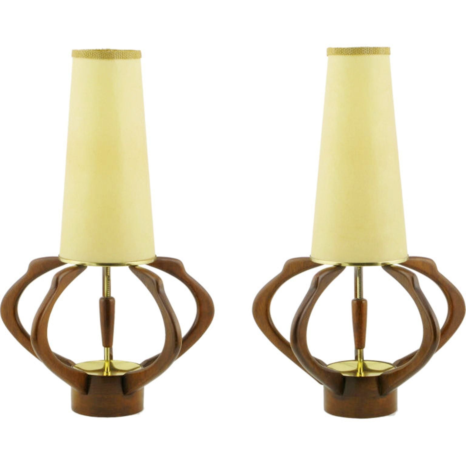 Pair of Sculptural Teak and Brass Melon-Form Table Lamps