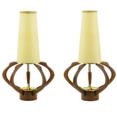 Pair Sculptural Teak & Brass Melon-Form Table Lamps 7