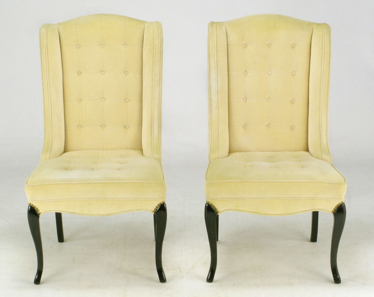 Pair of 1940s Creamy Velvet Button Tufted Slipper Chairs