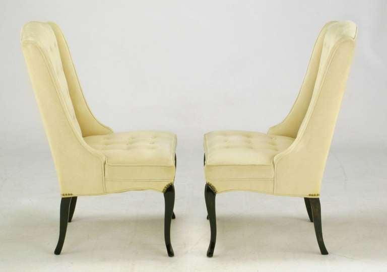 American Pair of 1940s Creamy Velvet Button Tufted Slipper Chairs