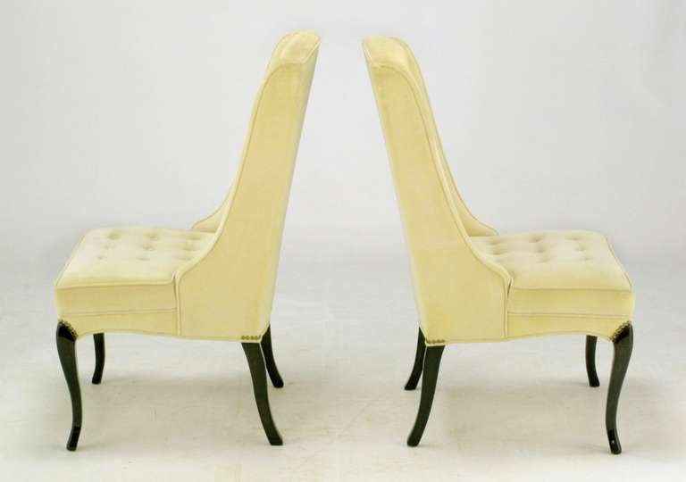 Pair of 1940s Creamy Velvet Button Tufted Slipper Chairs 4