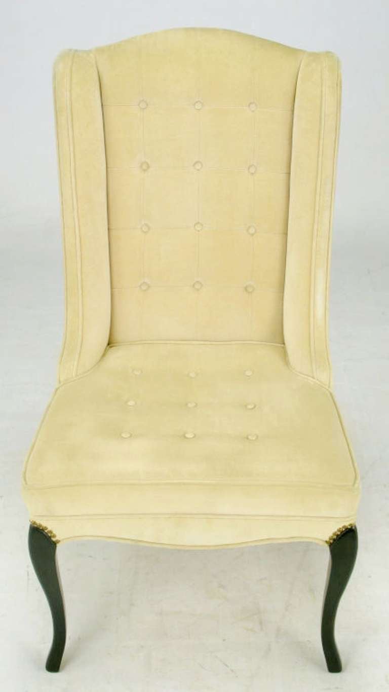 Pair of 1940s Creamy Velvet Button Tufted Slipper Chairs 1