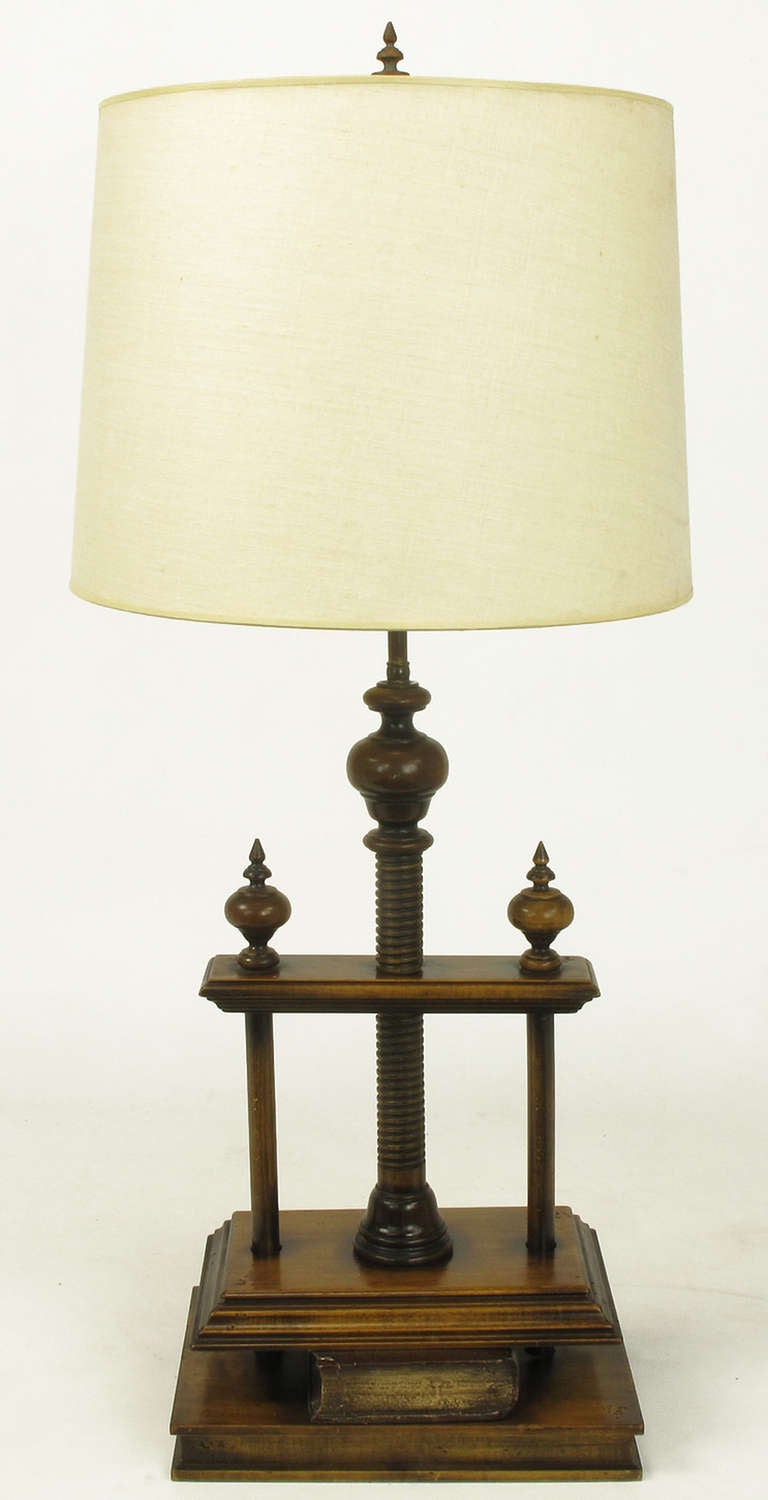 Walnut and Fruitwood Book Press Table Lamp In Good Condition For Sale In Chicago, IL