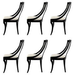 Six Italian Black Lacquer & Moire Dining Chairs