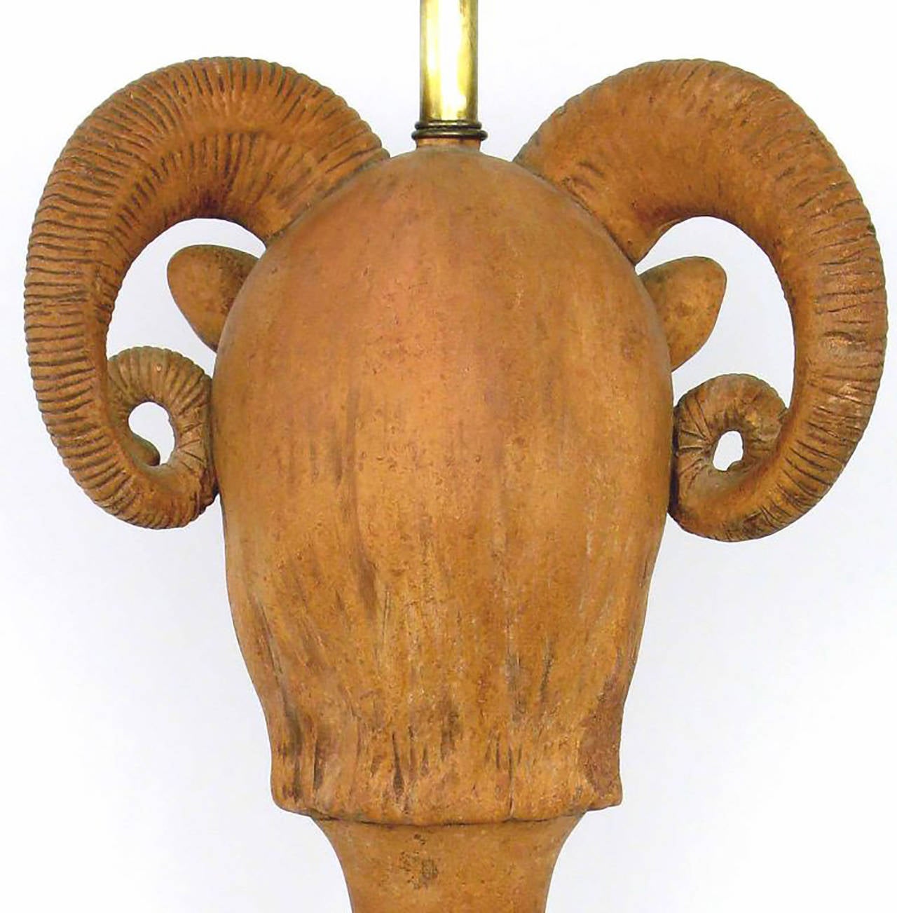 Lacquered Pair of Italian Terracotta Ram's Head Table Lamps For Sale