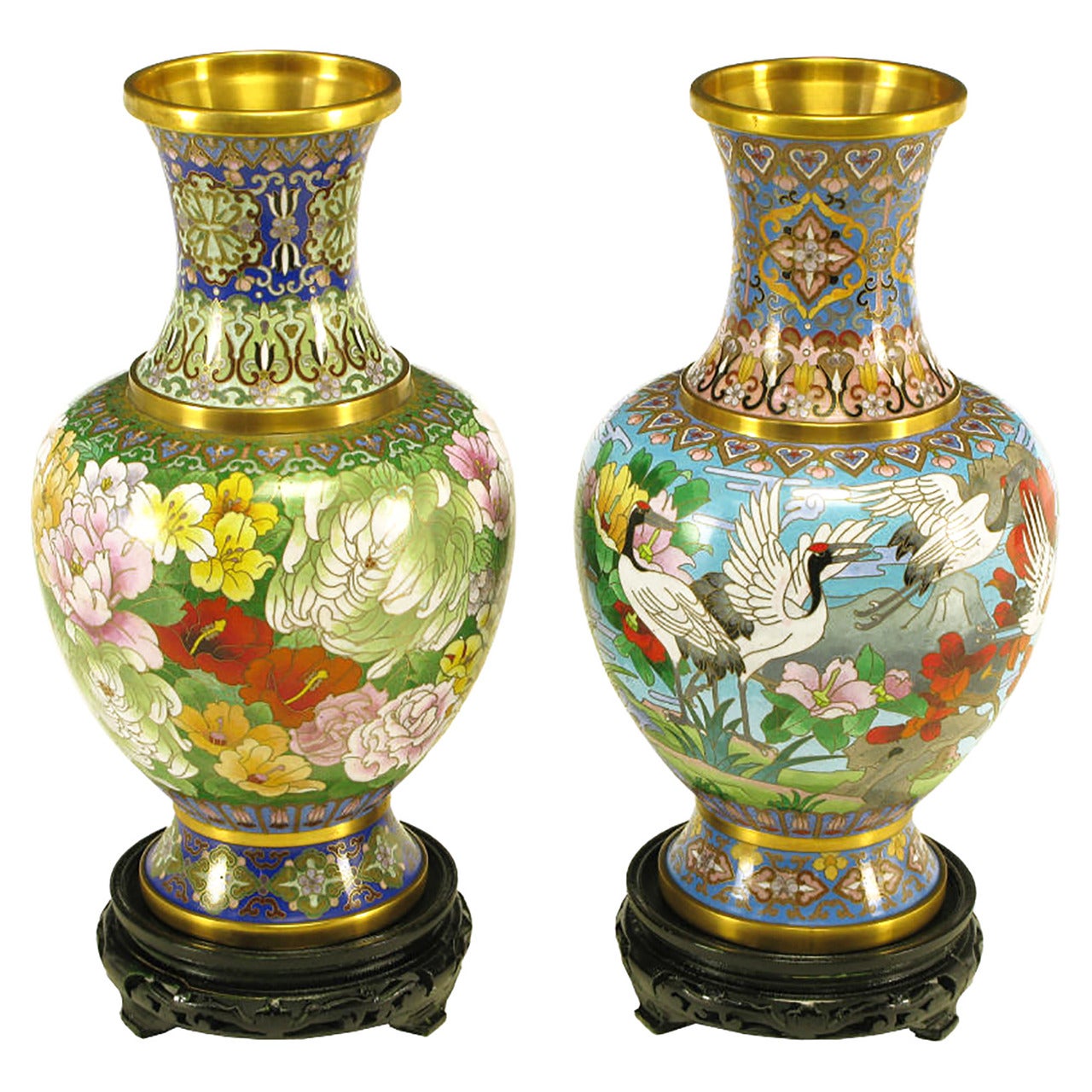 Pair of Colorful Chinese Jingfa Cloisonné Vases with Carved Mahogany Bases