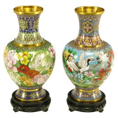 Vintage Pair of Colorful Chinese Jingfa Cloisonné Vases with Carved Mahogany Bases