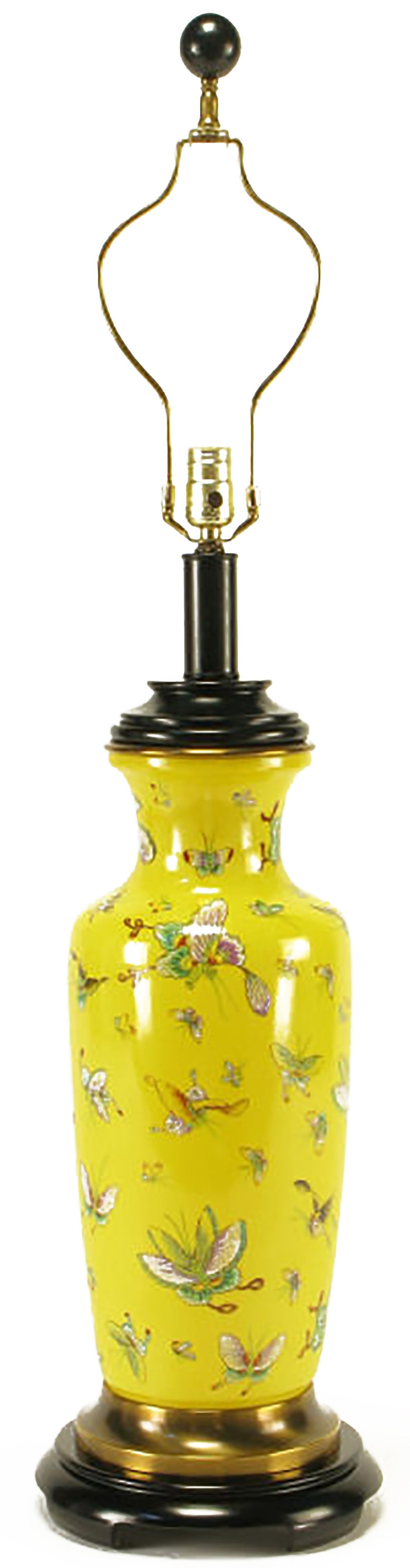 Paul Hanson lighting saffron yellow glazed chinoiserie vase form table lamp with transferware style butterflies. Black lacquered wood base, wood cap and metal stem with brass spacers. Sold sans shade.