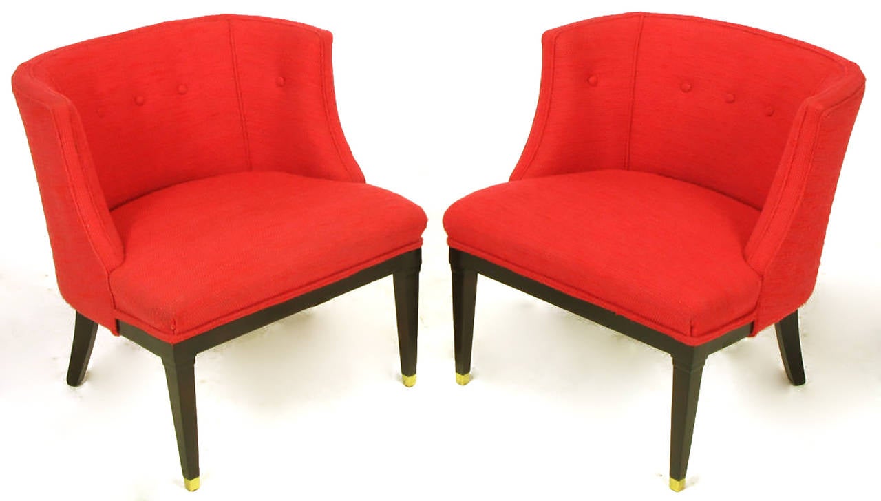 American Pair of Button Tufted Red Wool and Dark Walnut Pull Up Wing Chairs For Sale