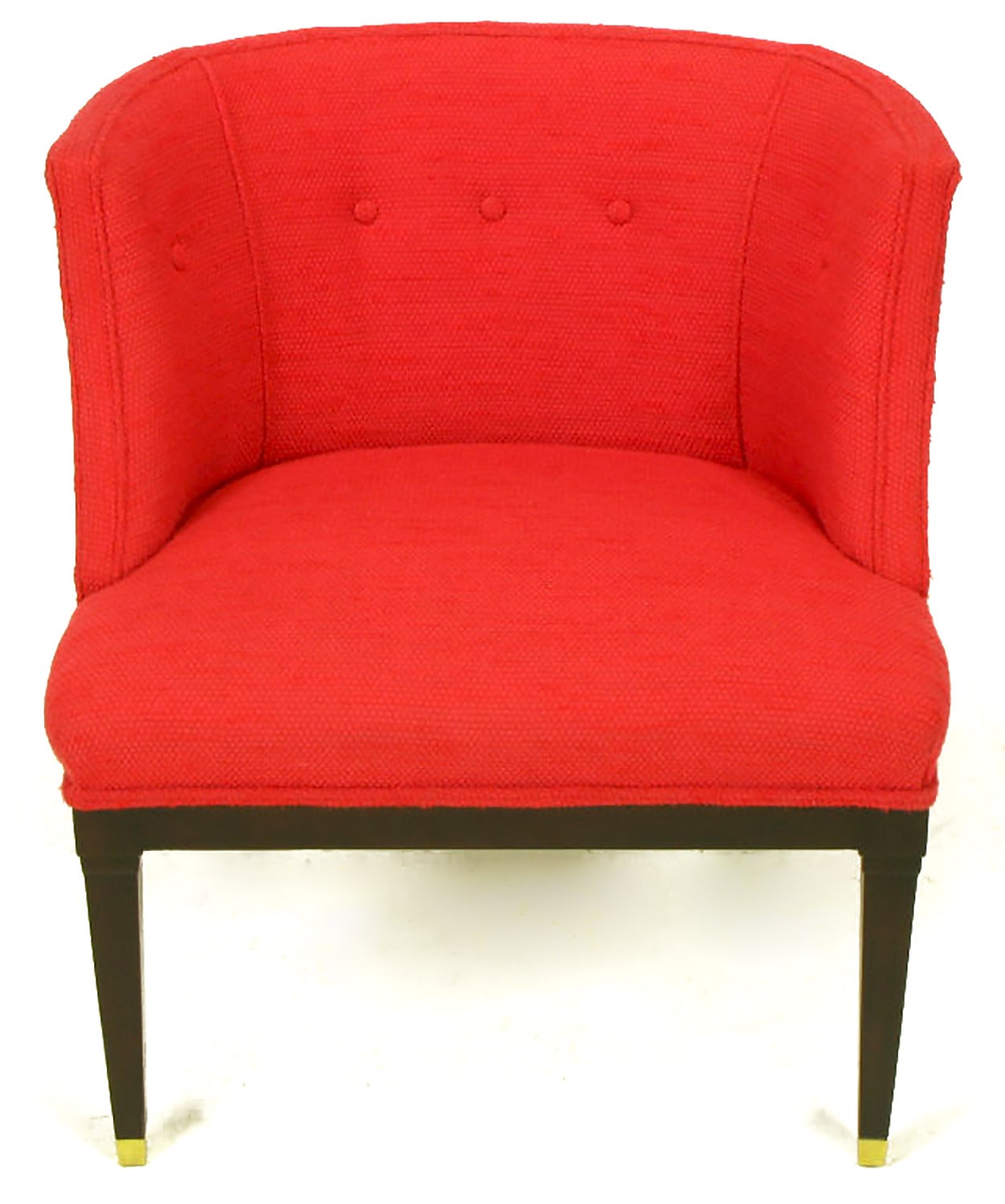 Ebonized Pair of Button Tufted Red Wool and Dark Walnut Pull Up Wing Chairs For Sale