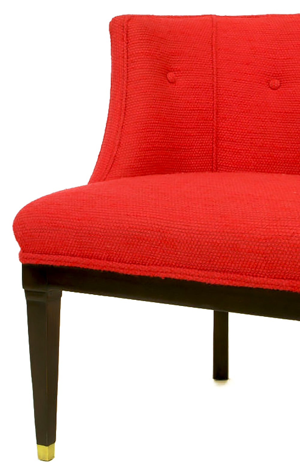 Pair of Button Tufted Red Wool and Dark Walnut Pull Up Wing Chairs For Sale 2