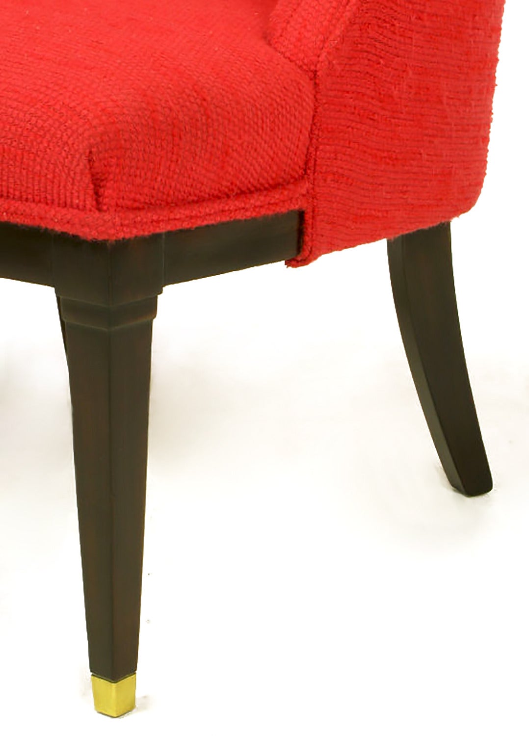 Pair of Button Tufted Red Wool and Dark Walnut Pull Up Wing Chairs For Sale 3