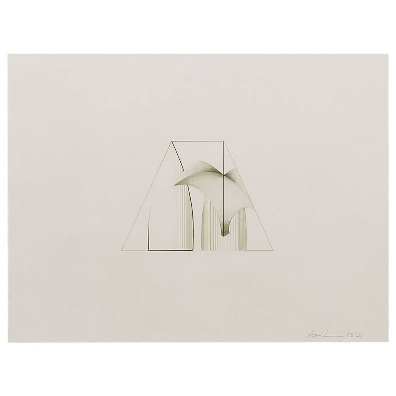 Original geometric abstract executed in graphite on arches paper titled, Celestial City #12, by American artist Dan Ramirez, born 1941. Image size is 6