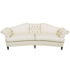 1940s Button-Tufted Winter White Wool Curved Sofa
