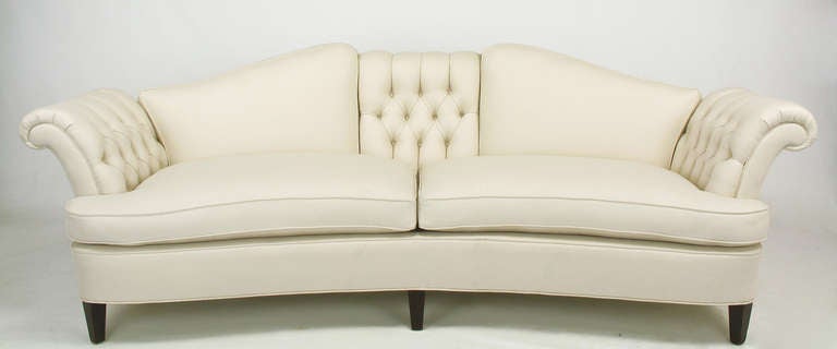 American 1940s Button-Tufted Winter White Wool Curved Sofa