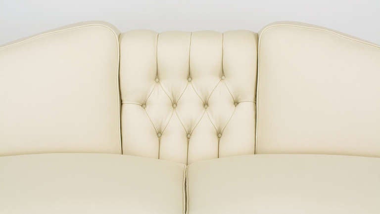 1940s Button-Tufted Winter White Wool Curved Sofa 1