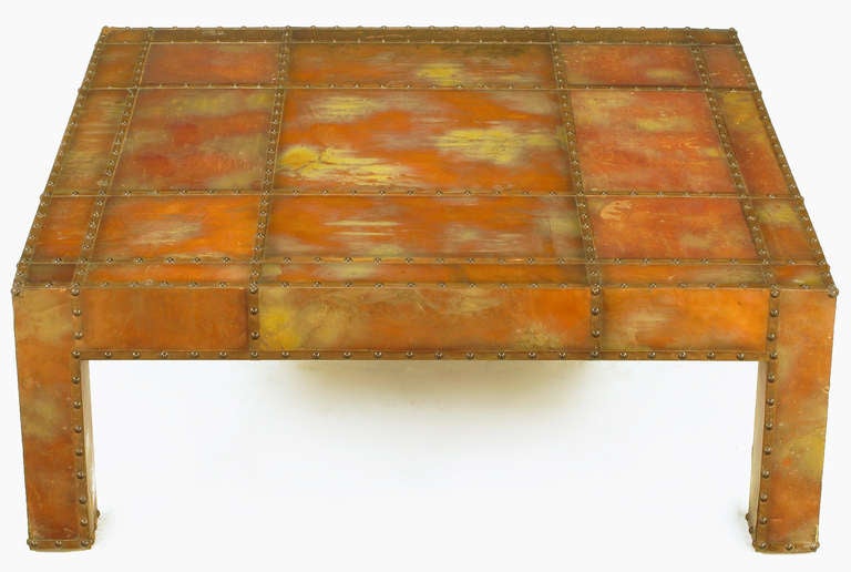Studded & Acid Rinsed Copper Parsons Style Square Coffee Table