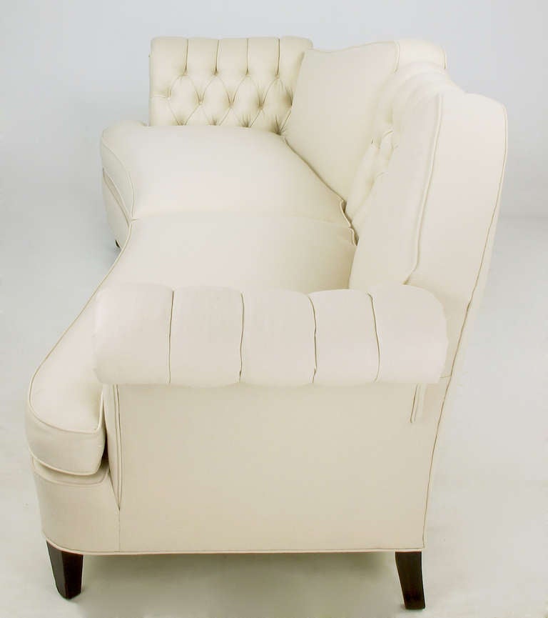 Mid-20th Century 1940s Button-Tufted Winter White Wool Curved Sofa
