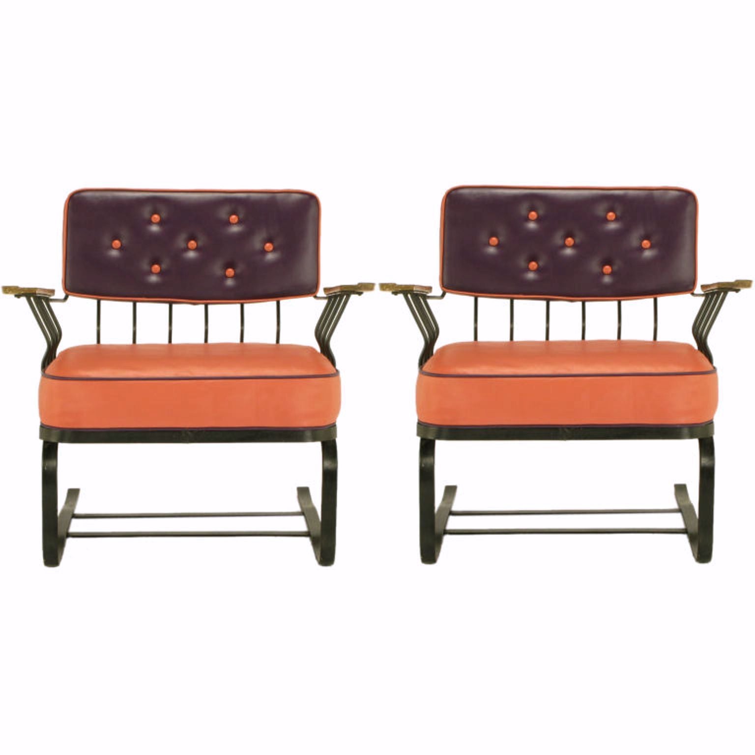 Pair of Woodard Cantilevered Wrought Iron Lounge Chairs