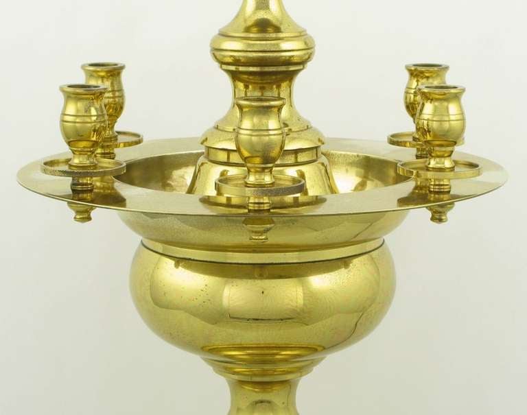 Polished Pair of Heavy Brass Regency Table Lamps with Candelabra For Sale