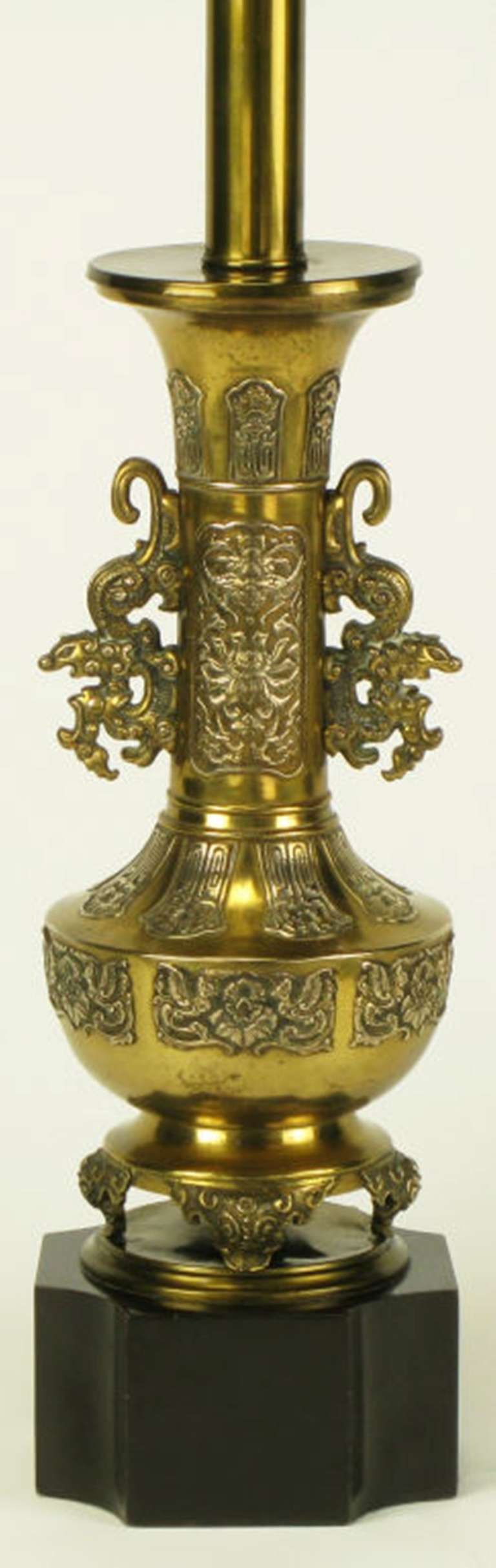 American Pair Chinese Brass Urn Table Lamps With Dragon Appliques