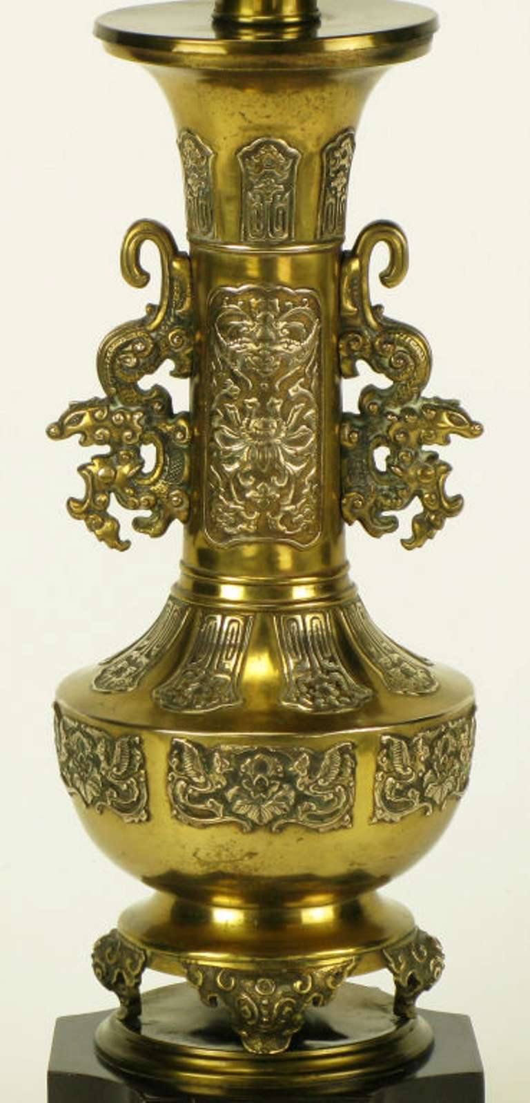Pair Chinese Brass Urn Table Lamps With Dragon Appliques In Good Condition In Chicago, IL