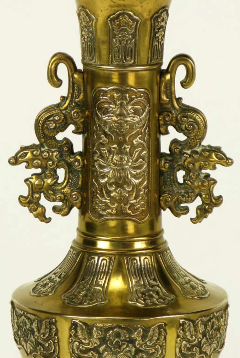 Mid-20th Century Pair Chinese Brass Urn Table Lamps With Dragon Appliques