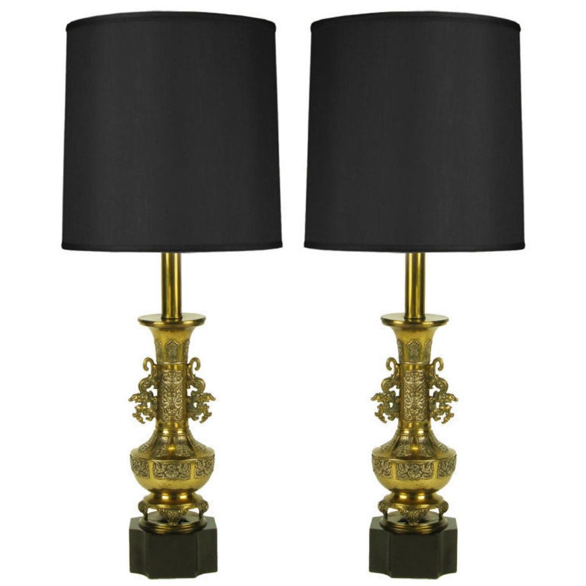 Pair Chinese Brass Urn Table Lamps With Dragon Appliques