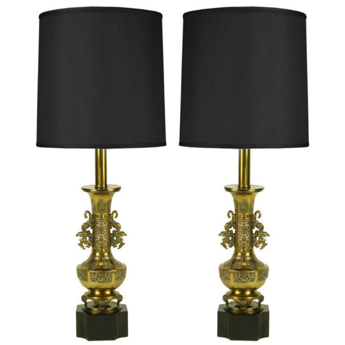 Pair Chinese Brass Urn Table Lamps With Dragon Appliques