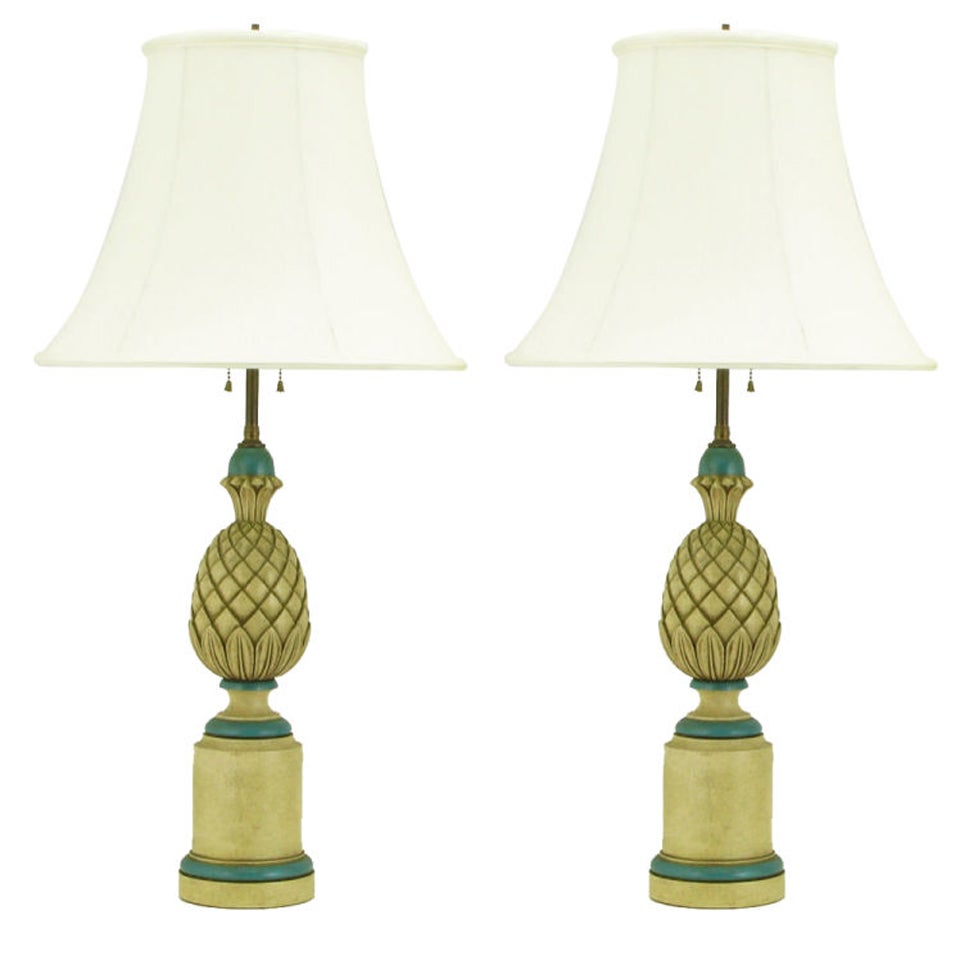 Pair of 1940s Cream and Blue Gesso Pineapple Table Lamps