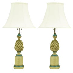 Pair of 1940s Cream and Blue Gesso Pineapple Table Lamps