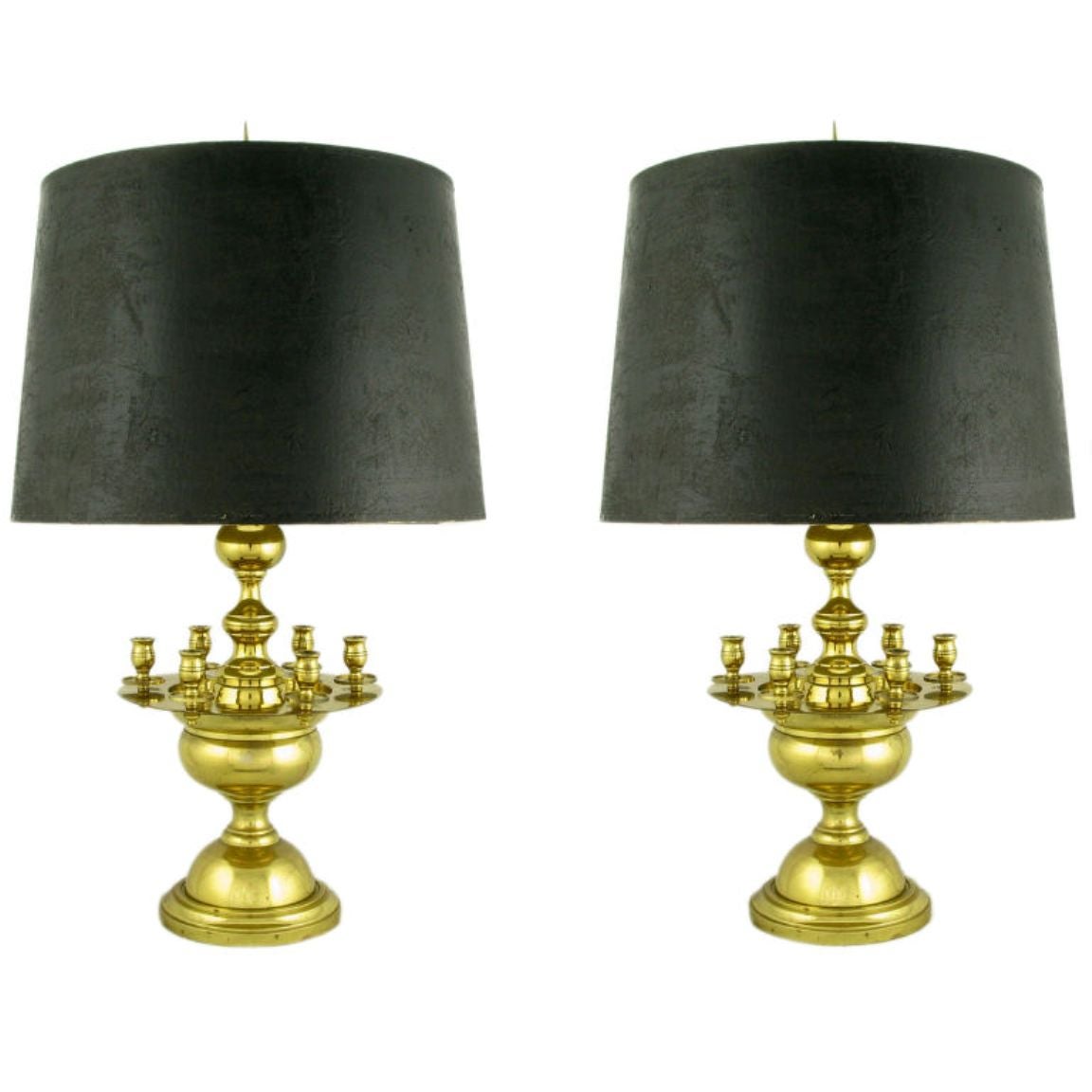 Pair of Heavy Brass Regency Table Lamps with Candelabra For Sale