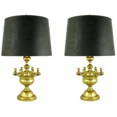 Retro Pair of Heavy Brass Regency Table Lamps with Candelabra