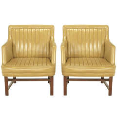 Uncommon Pair Of Edward Wormley "Bucket Seat" Leather & Mahogany Club Chairs