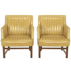 Uncommon Pair Of Edward Wormley "Bucket Seat" Leather & Mahogany Club Chairs
