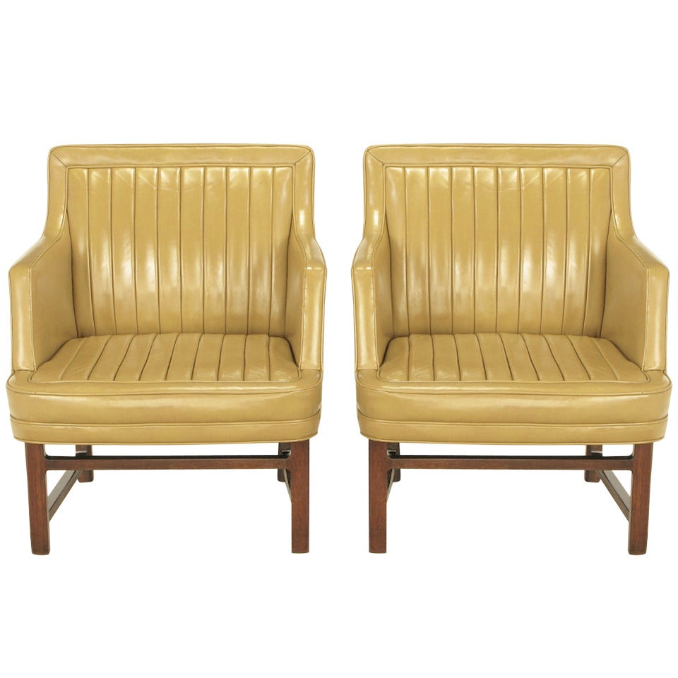 Uncommon Pair Of Edward Wormley "Bucket Seat" Leather & Mahogany Club Chairs