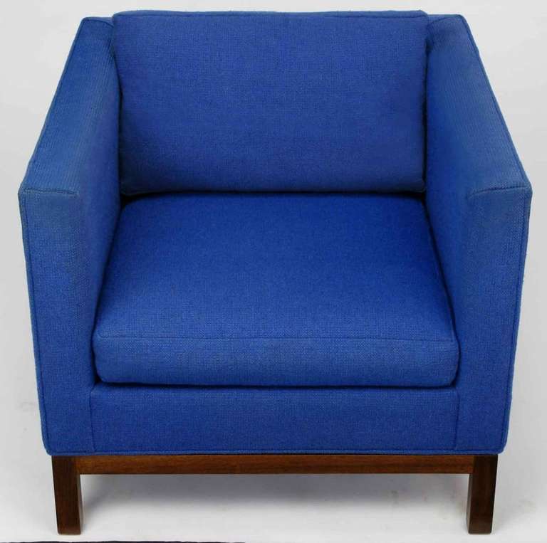 American Dunbar Cube Club Chair in Original Blue Wool and Walnut