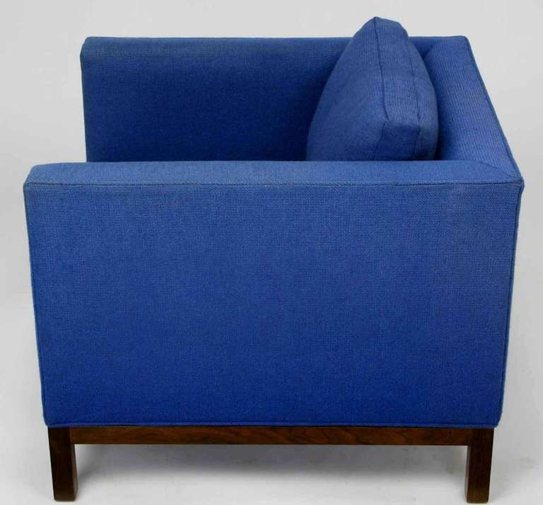 Dunbar Cube Club Chair in Original Blue Wool and Walnut In Good Condition In Chicago, IL