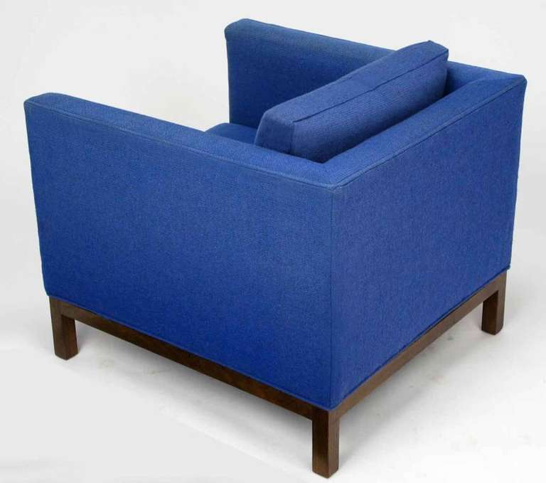 Mid-20th Century Dunbar Cube Club Chair in Original Blue Wool and Walnut