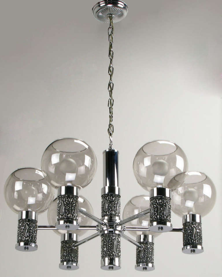 Mid-20th Century Chrome and Smoked Glass Chandelier with Foliate Relief Detail For Sale