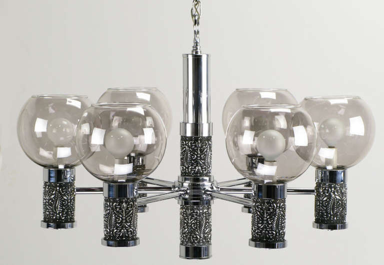 Chrome and Smoked Glass Chandelier with Foliate Relief Detail For Sale 1