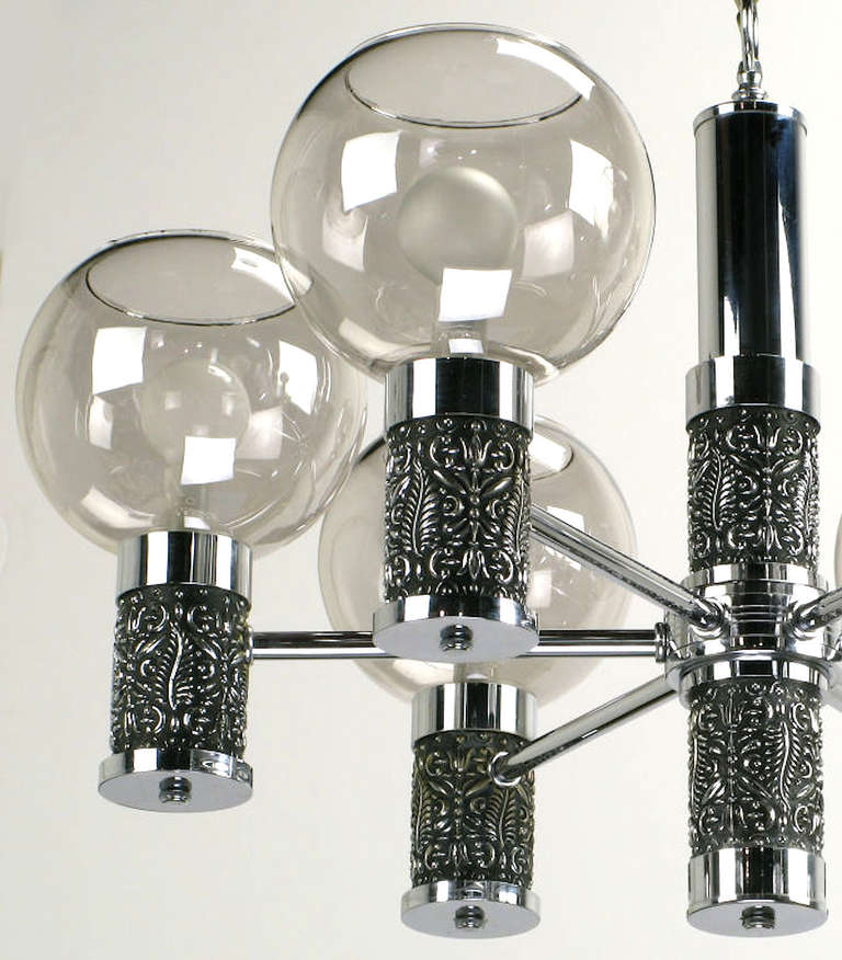Chrome and Smoked Glass Chandelier with Foliate Relief Detail For Sale 2