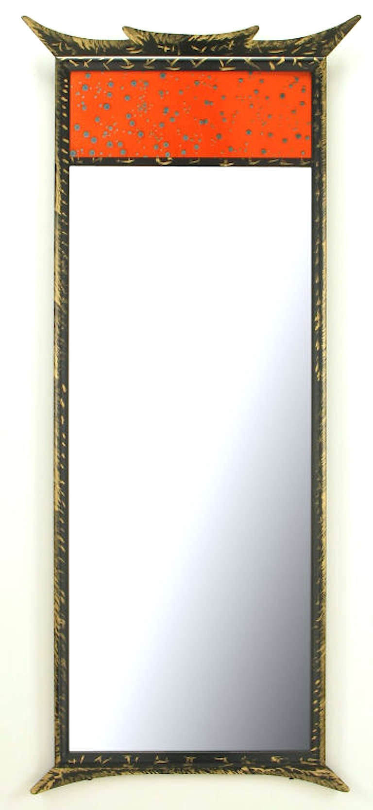 Parcel-gilt pagoda style enameled panel trumeau mirror.