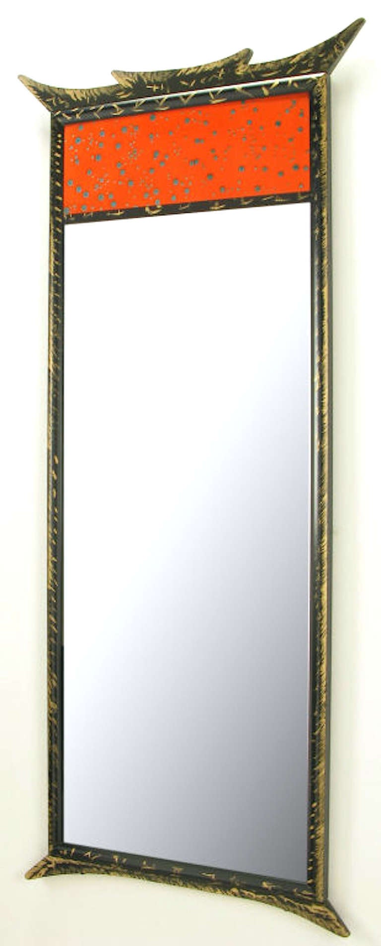 American Parcel-Gilt Pagoda Style Enameled Panel Trumeau Mirror For Sale