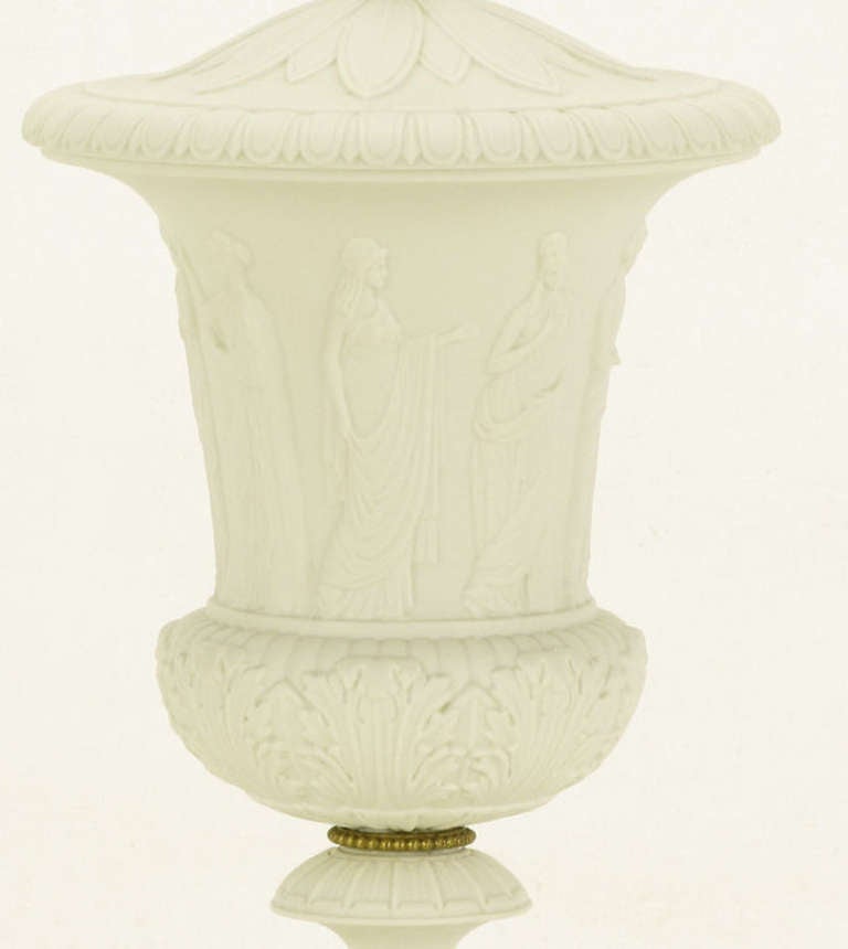 Pair Neoclassical White Bisque Porcelain Urn Form Table Lamps In Excellent Condition In Chicago, IL