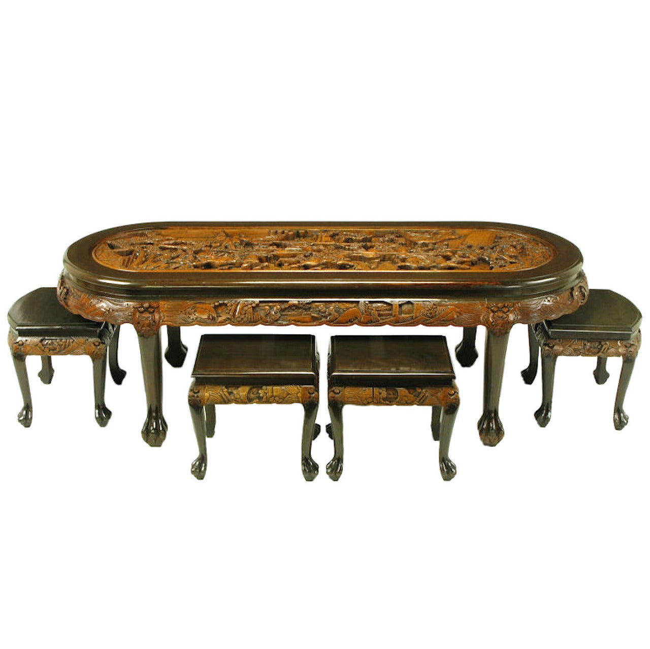 Chinese Oval Coffee Table with Hand-Carved Battle Scene and Six Stools For Sale